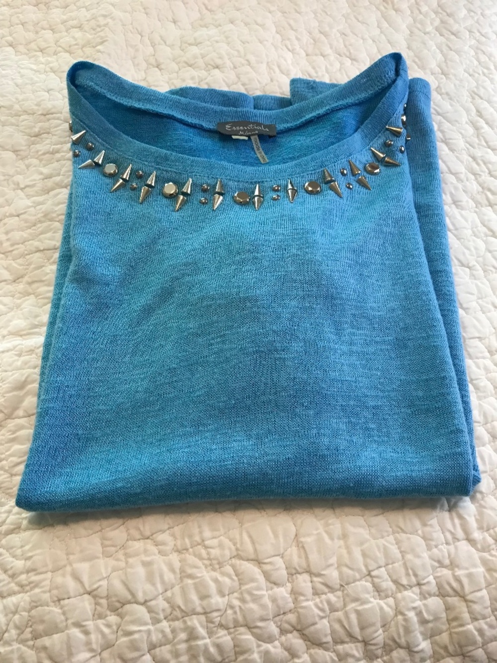 Essentials Milano blue short sleeve boatneck top with silver metal studs (L)